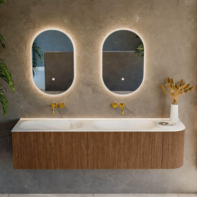 MONDIAZ KURVE 175cm Meuble salle de bain avec module 25 D - couleur Walnut - 2 tiroirs - 1 porte - vasque BIG SMALL double / gauche - sans trous de robinet - Talc