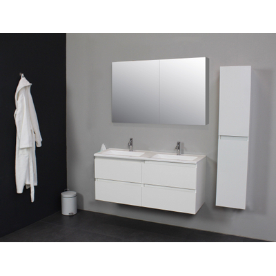 Basic Line Bella Ensemble meuble de salle de bains - 120x55x46cm - 2 lavabos - Acrylique - Blanc - 2 trous de robinet - Armoire miroir sans éclairage - Mélamine blanc brillant