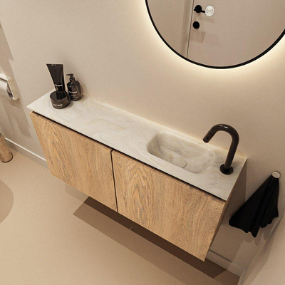 MONDIAZ TURE-DLUX Meuble de WC 100cm Washed Oak. Lavabo EDEN Ostra position droite. Avec 1 trou de robinet.