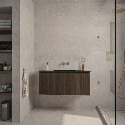 Saniclass Holz Base Badkamermeubelset - 100cm - 1 keramische wasbak zwart - zonder kraangat - 1 lade - spiegel - donker eiken