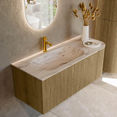 MONDIAZ KURVE-DLUX Meuble de salle de bains 115cm arrondi à droite couleur Dusk avec 1 tiroir et 1 porte. Lavabo BIG SMALL à gauche 1 trou de robinet Nata.
