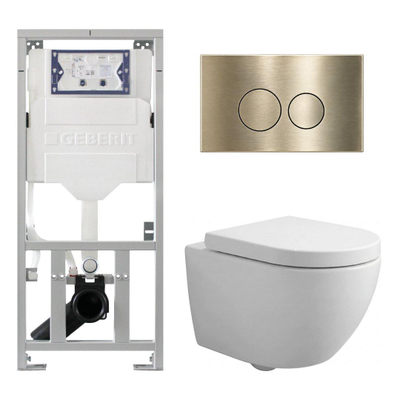 Pack WC QeramiQ Dely Swirl Compact - réservoir encastrable Geberit UP320 - avec bâti-support Burda - abattant 25 mm - plaque de commande en plastique laiton brossé (or) - boutons ronds - blanc mat