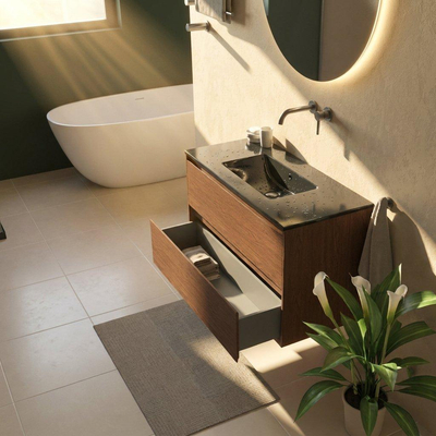 Saniclass Holz Pure Ensemble de meubles de salle de bains - 100x45x62cm - Vasque Vygo en céramique noire - 1 vasque - sans trou de robinet - 2 tiroirs - walnut pure mat (bois)