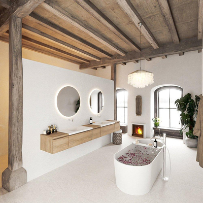 MONDIAZ BUKLA 280cm ensemble de meuble avec module 40 couleur Chêne blanchi avec 5 tiroirs. Lavabo CLOUD double 0 trou de robinet couleur Talc.