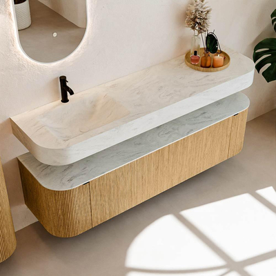 MONDIAZ THOR-DLUX 170cm meuble de salle de bains arrondi gauche + droite couleur Oak avec 1 tiroir et 2 portes. Vasque suspendue CLOUD Gauche 1 trou de robinet couleur Opalo.