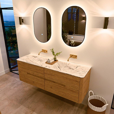 Mondiaz CIRO-DLUX Meuble de salle de bains - 150x45x50cm - Plan vasque solid surface Glace - 2 vasques Double - sans trous de robinetterie - 4 tiroirs - Chêne