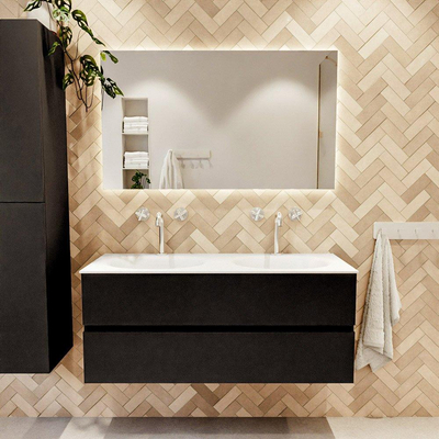 MONDIAZ VICA meuble sous lavabo 120cm Urban 2 tiroirs. Lavabo MOON double 2 trous de robinet, couleur Talc.