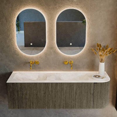 Mondiaz KURVE-DLUX Ensemble de meuble de salle de bains - 145x46x40cm - 1 tiroir - 1 porte - vasque solid surface - double / gauche - sans trou de robinet - Shadow