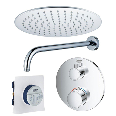 Grohe - Adema Rise Ensemble de douche pluie encastré - 1 fonction - avec pomme de douche Adema Rise 20cm - bras mural 35cm - thermostat encastré Grohe Grohtherm - chrome
