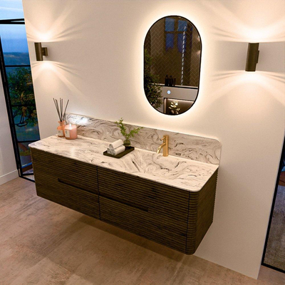 Mondiaz CIRO-DLUX Badkamermeubelset - 160x45x50cm - Solid surface wastafel Glace - 1 wasbak Rechts - 1 kraangat - 4 lades - Shadow