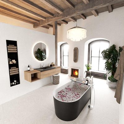 MONDIAZ BUKLA 160cm ensemble de meuble avec module ouvert 40 gauche couleur Chêne blanchi avec 2 tiroirs. Lavabo CLOUD centre 1 trou de robinet couleur Urbaine.