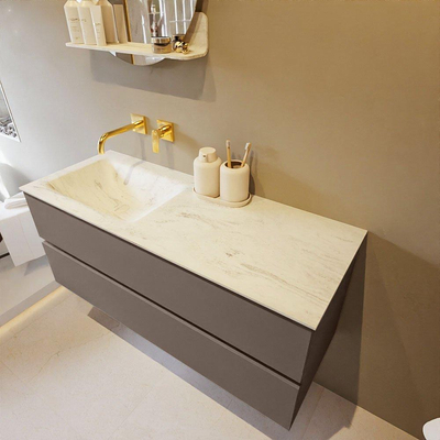 Mondiaz VICA-DLUX ensemble de meuble de salle de bain - 120cm - meuble sous-vasque fumée - 2 tiroirs - lavabo encastré nuage gauche - sans trous de robinet - version haute 60cm - opalo