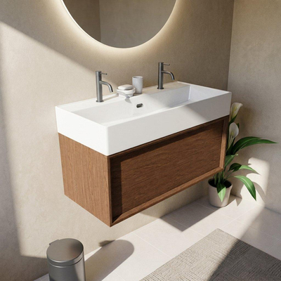 Saniclass Holz Frame Ensemble meuble de salle de bains - 100x45x52cm - Legend lavabo en céramique blanc - 1 vasque - 2 trous de robinet - 1 tiroir - mat walnut pure (bois)