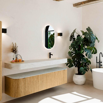 MONDIAZ THOR-DLUX Meuble de salle de bains 180cm arrondi gauche + droite couleur Oak avec 2 tiroirs et 2 portes. Vasque suspendue CLOUD Droite 1 trou de robinet couleur Opalo.