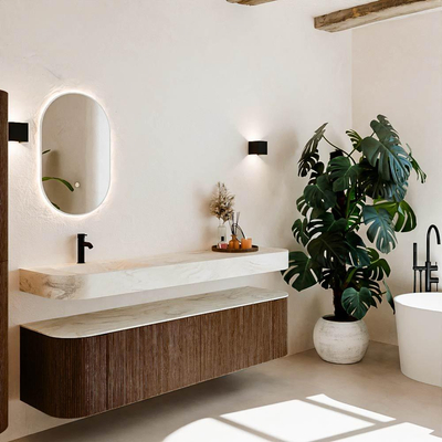 MONDIAZ THOR-DLUX Meuble de salle de bains 180cm arrondi gauche + droite couleur Walnut avec 2 tiroirs et 2 portes. Vasque suspendue CLOUD Gauche 1 trou de robinet couleur Ostra.