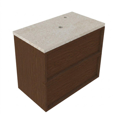 Saniclass Holz Frame Ensemble meuble de salle de bains - 80x45x63cm - plan de travail en pierre naturelle travertin - 1 trou de robinet - 2 tiroirs - noyer pure mat (bois)