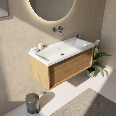 Saniclass Holz Frame Ensemble meuble de salle de bains - 100x45x43.5cm - Lavabo Bari en céramique blanc - 1 vasque - sans trou de robinet - 1 tiroir - chêne natural mat (bois)