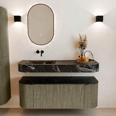 MONDIAZ THOR-DLUX 130cm meuble de salle de bains arrondi gauche + droite couleur Shadow avec 1 tiroir et 2 portes. Vasque suspendue CLOUD gauche sans trou de robinet couleur Lava.