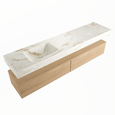 Mondiaz ALAN-DLUX Ensemble de meuble - 200cm - meuble Washed Oak mat - 2 tiroirs - Lavabo Cloud Frappe suspendu - vasque Gauche - 1 trou de robinet