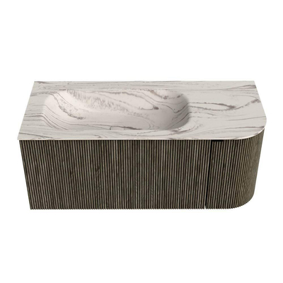 MONDIAZ KURVE-DLUX Meuble de salle de bains 105cm arrondi à droite couleur Shadow avec 1 tiroir et 1 porte. Lavabo BIG SMALL à gauche sans trou de robinet Nata.
