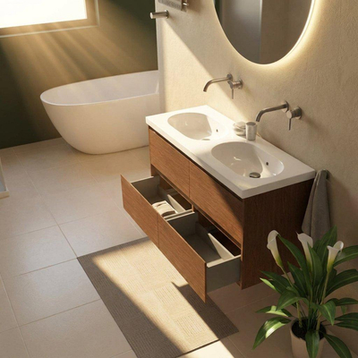 Saniclass Holz Pure Ensemble de meubles de salle de bains - 120x45x63.5cm - lavabo Palermo en céramique blanc - 2 vasques - sans trous de robinetterie - 4 tiroirs - noyer pure mat (bois)