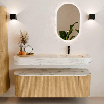 MONDIAZ THOR-DLUX 140cm badmeubel ronding links + rechts kleur Oak met 1 lade en 2 deuren. Vrijhangende wastafel CLOUD Rechts 1 kraangat kleur Nata.