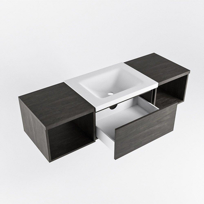 MONDIAZ BUKLA 140cm ensemble de meuble avec module ouvert 40 L+R couleur Marron Foncé avec 2 tiroirs. Lavabo CLOUD centre 1 trou de robinet couleur Talc.