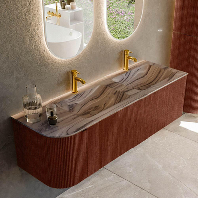 MONDIAZ KURVE-DLUX Meuble de salle de bains 145cm arrondi à gauche couleur Ruby avec 1 tiroir et 1 porte. Lavabo LEAF Double / Droite 2 trous de robinet Sombra.