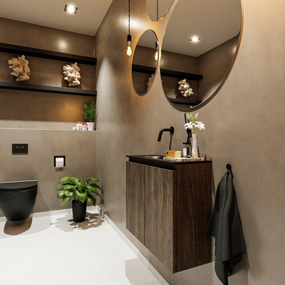 MONDIAZ TURE Toiletmeubel 60x23x50cm met 0 kraangaten 2 deuren dark brown mat Wastafel Eden links Solid Surface Zwart