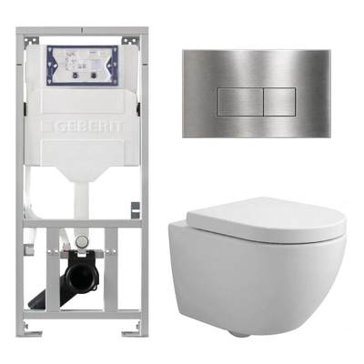Pack WC QeramiQ Dely Swirl Compact - réservoir encastrable Geberit UP320 - avec bâti-support Burda - abattant 25 mm - plaque de commande en métal inox - boutons rectangulaires - blanc mat