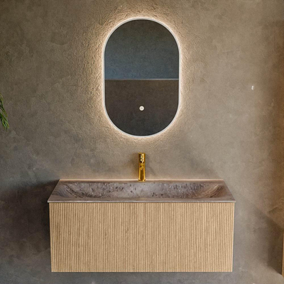 MONDIAZ KURVE-DLUX Meuble de salle de bains 100 cm couleur Oak avec 1 tiroir et 0 porte. Vasque BIG MEDIUM Centrale 1 trou de robinet Oza.