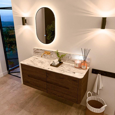 Mondiaz CIRO-DLUX Badkamermeubelset - 130x45x50cm - Solid surface wastafel Glace - 1 wasbak Links - zonder kraangaten - 4 lades - Dusk