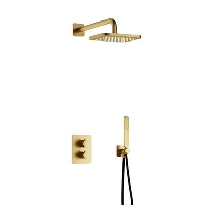 Hotbath Gal IBS40A Ensemble de douche - encastré - tête de douche carrée 20 cm - bras mural 35 cm - douchette à main stick - laiton brossé PVD