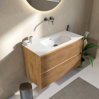 Saniclass Holz Atelier Ensemble meuble de salle de bains - 100x45x61.5cm - lavabo Flow en solid surface blanc - 1 vasque - sans trou de robinetterie - 2 tiroirs - chêne natural mat (bois)