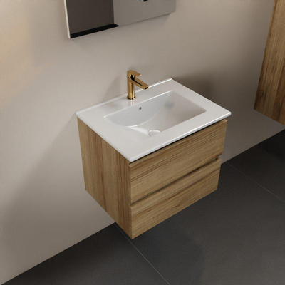 Mondiaz AIVY Ensemble de meuble - 60x45x50cm - 1 trou de robinet - 1 vasque talc céramique - Centre - 2 tiroirs - avec miroir - Melamine Chai
