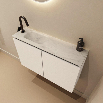 MONDIAZ TURE-DLUX Meuble de toilettes 80cm Talc. EDEN lavabo Opalo position gauche. Avec 1 trou de robinet.