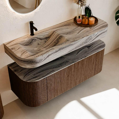 MONDIAZ THOR-DLUX 130cm badmeubel ronding links + rechts kleur Walnut met 1 lade en 2 deuren. Vrijhangende wastafel CLOUD Links 1 kraangat kleur Sombra.