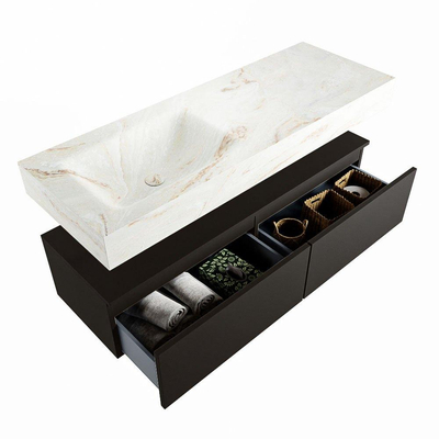 Mondiaz ALAN-DLUX Ensemble de meuble - 130cm - meuble Urban mat - 2 tiroirs - Lavabo Cloud Frappe suspendu - vasque Gauche - 1 trou de robinet