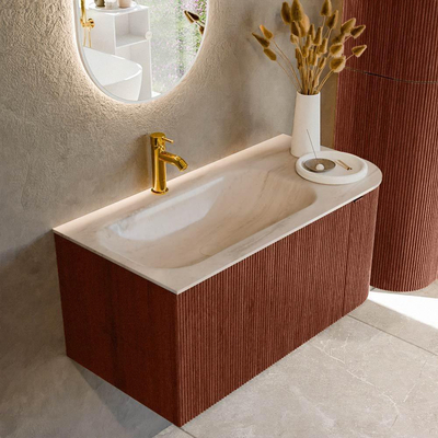 MONDIAZ KURVE-DLUX Meuble de salle de bains 95cm arrondi Droit couleur Ruby avec 1 tiroir et 1 porte. Lavabo BIG SMALL Gauche 1 trou de robinet Meli.