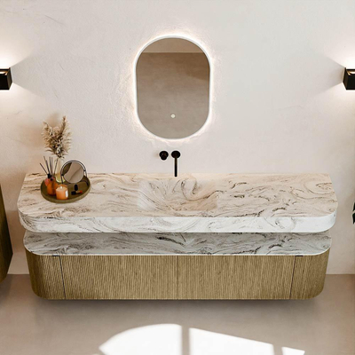 MONDIAZ THOR-DLUX 200cm meuble de salle de bains arrondi gauche + droite couleur Dusk avec 2 tiroirs et 2 portes. Vasque suspendue CLOUD Centre sans trou de robinet couleur Glace.