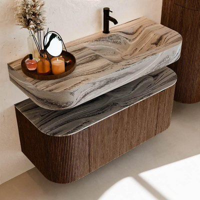 MONDIAZ THOR-DLUX 110cm badmeubel ronding links + rechts kleur Walnut met 1 lade en 2 deuren. Vrijhangende wastafel CLOUD Rechts 1 kraangat kleur Sombra.