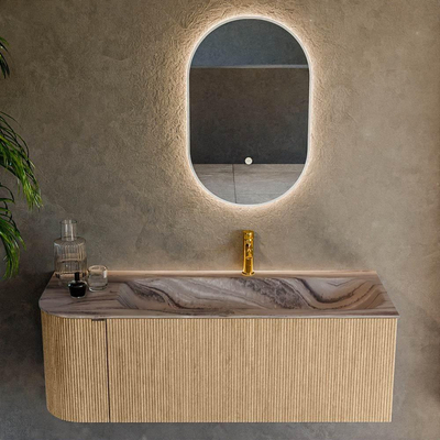 MONDIAZ KURVE-DLUX 125cm badmeubel ronding Links kleur Oak met 1 lade en 1 deur. Wastafel BIG MEDIUM Rechts 1 kraangat Sombra.