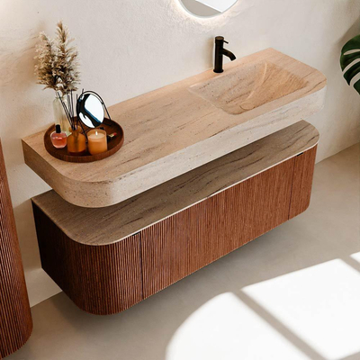 MONDIAZ THOR-DLUX 140cm meuble de salle de bains arrondi gauche + droite couleur Ruby avec 1 tiroir et 2 portes. Vasque suspendue CLOUD Droite 1 trou de robinet couleur Saba.