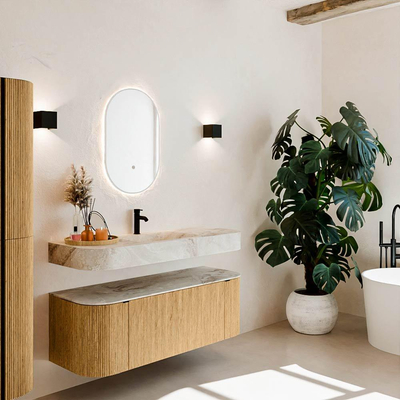 MONDIAZ THOR-DLUX 130cm meuble de salle de bains arrondi gauche + droite couleur Oak avec 1 tiroir et 2 portes. Vasque suspendue CLOUD Milieu 1 trou de robinet couleur Frappe.