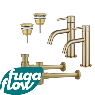 FugaFlow Eccelente Sobrado Badkamer Slim Wastafelkraanset - voor dubbele wastafel - lage wastafelkraan - always open plug - verlaagde design sifon - PVD Geborsteld Messing