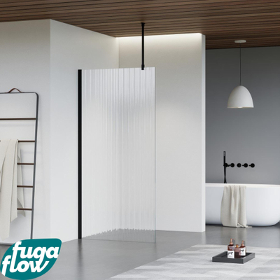 FugaFlow Eccelente Vetro douche à l'italienne salle de bain - 90x200cm - verre strié - bras plafond - noir mat -