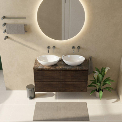 Saniclass Holz Atelier Ensemble de meubles de salle de bains - 120x45x63cm - Plan en pierre naturelle Noche dark emperador - sans trou de robinet - 2 tiroirs - chêne charcoal mat (bois)