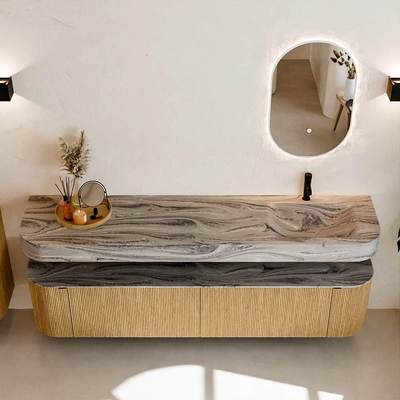 MONDIAZ THOR-DLUX 200cm meuble de salle de bains arrondi gauche + droite couleur Oak avec 2 tiroirs et 2 portes. Vasque suspendue CLOUD Droite 1 trou de robinet couleur Sombra.