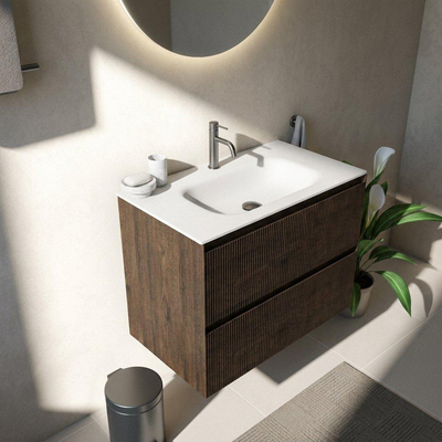Saniclass Holz Atelier Ensemble meuble de salle de bains - 80x45x61.5cm - lavabo Flow en solid surface blanc - 1 vasque - 1 trou de robinetterie - 2 tiroirs - chêne charcoal mat (bois)