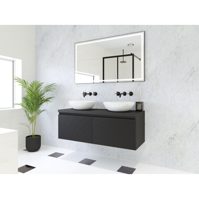 HR Matrix ensemble de meubles de salle de bain 3d 120cm 2 tiroirs sans poignée avec bandeau de poignée couleur noir mat avec plateau noir mat